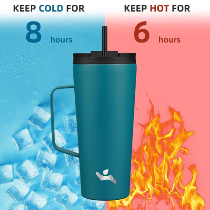 Konokyo Insulated Tumbler with Handle and Straw, 22 OZ Travel Coffee Mug Stainless Steel Cup Metal Water Bottle,Blue