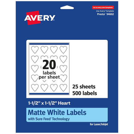 Avery Matte White Heart Labels with Sure Feed, 1.5" x 1.5", 500 Matte White Printable Labels