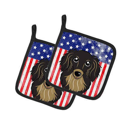 Caroline's Treasures American Flag and Longhair Black and Tan Dachshund Pair of Pot Holders BB2143PTHD, Fabric, Multicolor