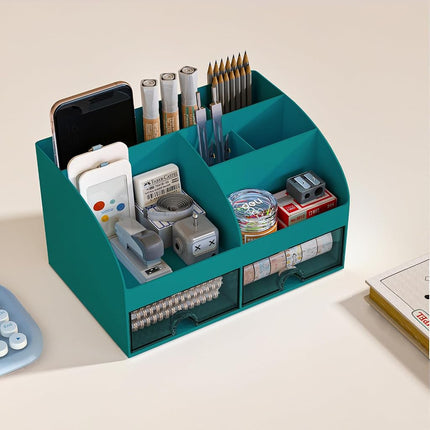 COMFYROOM Desk Organizer with 6 Compartments and 2 Drawers, Plastic Makeup Organizer, Pen Holder for Desktop Storage, Dark Green