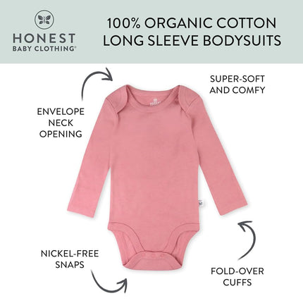 HonestBaby Baby 3-Pack Long Sleeve Bodysuits One-piece Organic Cotton for Infants, Ombre Pink Rose, 0-3 Months