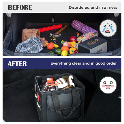 Coverado Trunk Organizer for Car- Nappa Leather Trunk Organizer for SUV with Lid, 30L Multi Collapsible Car Storage Organizer Foldable, Multi Compartments with 2 Straps for SUV/Truck