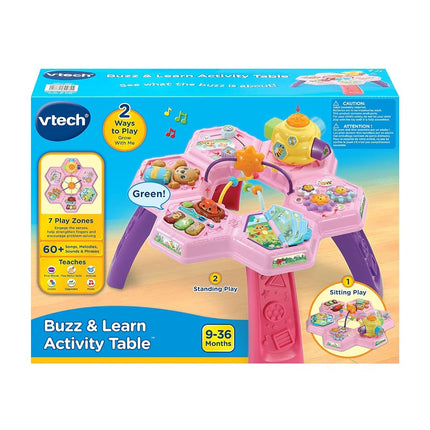 VTech Buzz and Learn activity table with seven interactive play zones, pink