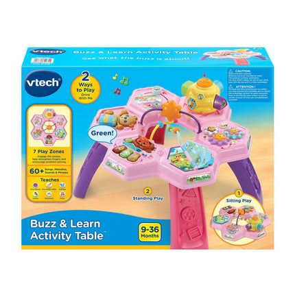 VTech Buzz and Learn activity table with seven interactive play zones, pink