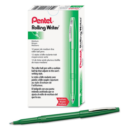Bolígrafo Pentel R100D Rolling Writer Stick Roller Ball, 8mm, barril/tinta verde (paquete de 12)