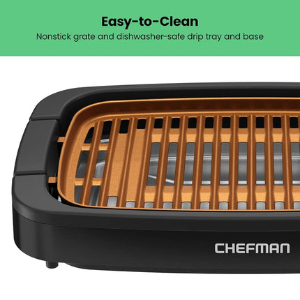 Parrilla eléctrica de interior sin humo Chefman con superficie antiadherente y perilla de temperatura ajustable de tibio a sellado para asado personalizado, bandeja de agua extraíble apta para lavavajillas, negra, 150 pulgadas cuadradas