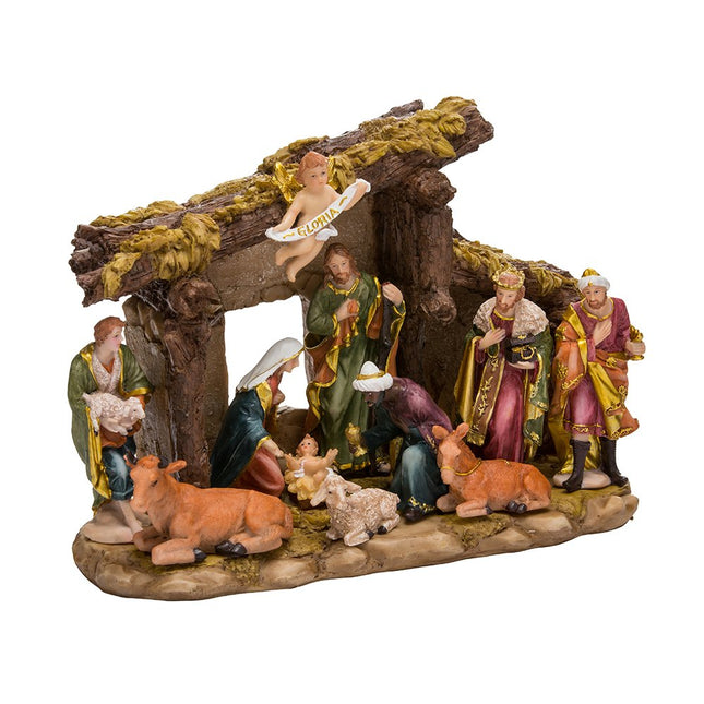Kurt S. Adler Resin Stable- Kurt Adler Nativity Set with Figures, Brown, 10.38in, 11-Piece