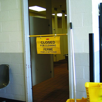 Rubbermaid Commercial Products Multilingual Hanging Doorway Safety Sign | With Extendable Pole | Up to 127 cm, Yellow