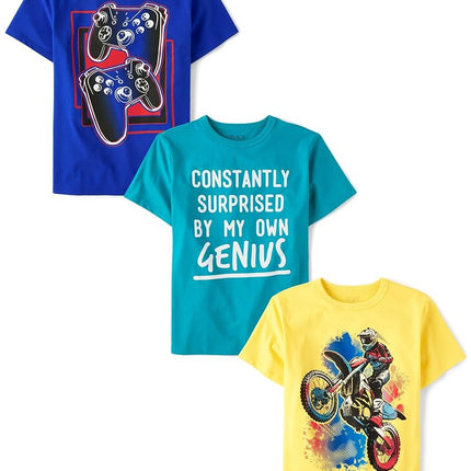 The Children's Place Boys' Assorted Everday Short Sleeve Graphic T-Shirts,multipacks, Dirt Bike/Controller/Genius 3-Pack, Large