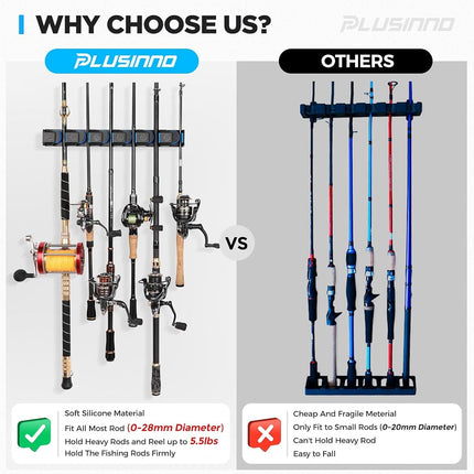 PLUSINNO Fishing Gifts for Men - V6 Vertical Fishing Rod/Pole Holders, Support Extra Large & Heavy Fishing Rod Combos, Fishing Rod Holders for Garage, Wall Mounted Fishing Rod Rack Storage