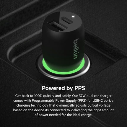 Belkin 37W Dual Port Fast Car Charger with 3.3ft USB-C Cable Included, USB-C 25W PPS Port and USB-A 12W Port for Galaxy S23, S23+, Ultra, Note20, iPhone 14, 13, 12, 11, Pro, Max, Mini and More