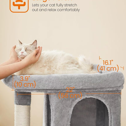 Feandrea Cat Tree Tower, 84 cm, L, Condo for Large Cats up to 16 lb, Large Perch, 2 Caves, Scratching Post, Light Gray UPCT61W