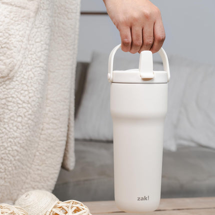 Zak Designs Sutton Travel Tumbler for On The Go, 30oz Stainless Steel with Vacuum Insulation, Straw Spout, Carry Handle for Cold Drinks (Cream White)