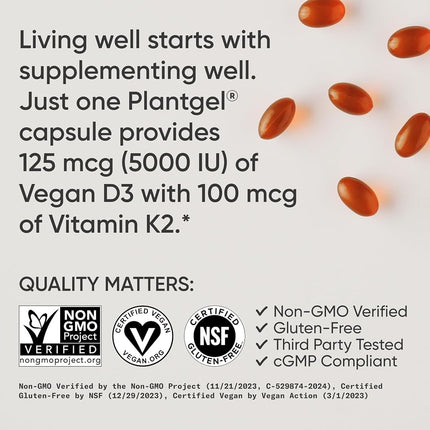 Sports Research - Vegan D3 5000iu + Vitamin K2-100mcg, 60 Veggie Softgels