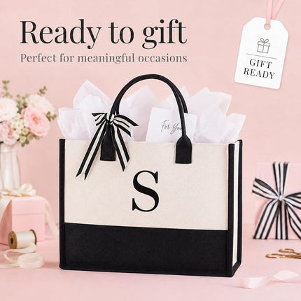 Mud Pie Classic Black and White Initial Canvas Tote Bags (C), 100% Cotton, 17" x 19" x 2"