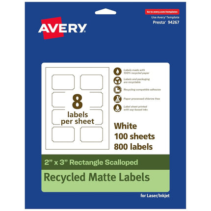 Avery EcoFriendly Matte White Recycled Rectangle Scalloped Labels, 2" x 3", Print-to-The-Edge, Matte White Labels, Permanent Label Adhesive, Laser/Inkjet, 800 Printable Labels