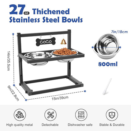 Raised Dog Bowls for Medium and Small Dogs, 5 Height Adjustable and 2 Stainless Steel Bowls 800ml/27oz, Raised Food Dog Water Stand