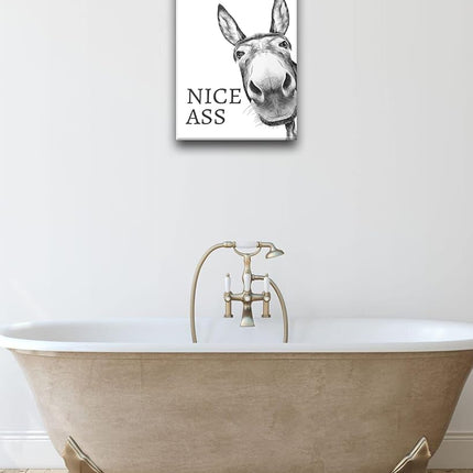 UPWOIGH Funny Bathroom Wall Art Decor, Black and White Donkey Wall Art, Waterproof Wood Framed Canvas Wall Art Animals Abstract Prints, 12x16in High-end Pictures for Dormitory Kids Room 1 Pack