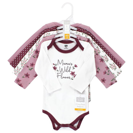 Hudson Baby Unisex Baby Unisex Baby Cotton Long-sleeve Bodysuits, Plum Wildflower, Preemie, Plum Wildflower 5 Pack, Preemie