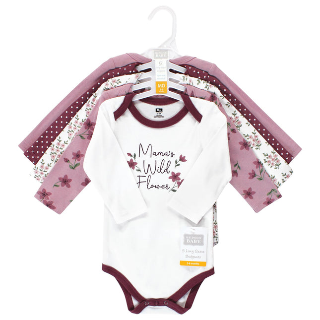 Hudson Baby Unisex Baby Unisex Baby Cotton Long-sleeve Bodysuits, Plum Wildflower, Preemie, Plum Wildflower 5 Pack, Preemie