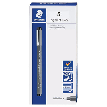 STAEDTLER Pigment Liner, bolígrafo de punta fina para dibujo, delineado, diario, 1.0mm, negro, caja de 5 bolígrafos, 308 10-9