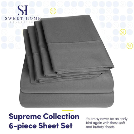 Sweet Home Collection 6 Piece 1500 Supreme Collection Brushed Microfiber Deep Pocket Sheet Set-2 Extra Pillow Cases, Great Value, Rv Short Queen, Gray