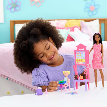Barbie Careers Teacher Playset with Fashion Doll Wearing Removable Dress, Toddler Small Doll, Classroom Board & Accessories, JMK17