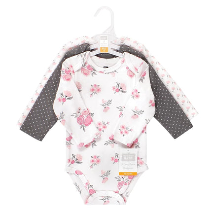Hudson Baby Baby Girls Cotton Long-sleeve Bodysuits 3-pack, Basic Pink Gray Floral, 9-12 Months