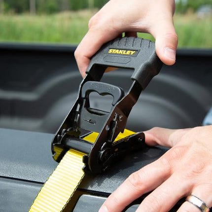 STANLEY S1007 Black/Yellow 1.5" x 16' Ratchet Tie Down Straps - 1,100 lb Safe Working Load / 3,300 lb Break Strength, 2 Pack