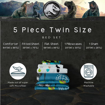 Franco Jurassic World Kids Bedding Super Soft Cozy Reversible Microfiber Comforter and Sheet Set with Sham, 5 Piece Twin Size, (Officially Licensed Product)