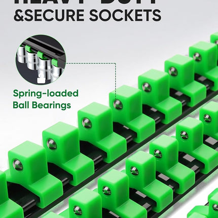 ALOANES 9 PC ABS Socket Organizer, 1/2 inch, 3/8 inch and 1/4 inch Drive Socket Rail Holders, Heavy Duty Socket Racks, Black Rails with Green Clips
