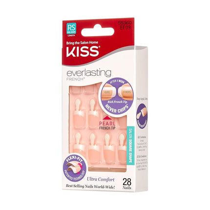 Kiss Everlasting French Nail Manicure, Chip-Free, Flexi-Fit Technology, Real Short, "String of Pearls", Nail Kit with Pink Nail Glue (Net Wt. 2g / 0.07oz), Mini File, Manicure Stick, and 28 Fake Nails