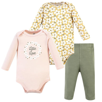 Hudson Baby baby-girls Unisex Baby Cotton Bodysuit and Pant Set, Sage Floral Wreath, Preemie, Sage Floral Wreath Long Sleeve, Preemie