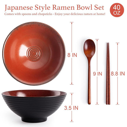 HOKELER Ceramic Japanese Ramen Bowl Set, 2 Sets Asian Pho Udon Soup Noodle Bowls with Spoons and Chopsticks (Red, 8 inches)
