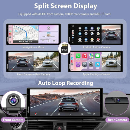 Carpuride W904=904-L Carplay & Android Auto with Dash Cam - 10.26 Inch HD IPS Touch Car Play Screen for Car, 4K Front & 1080P Rear Camera, Loop Recording, Bluetooth Audio, Mirror Link, GPS, Siri