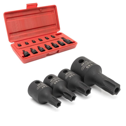 Neiko 10282B Security Torx Impact Socket Kit, 13 Piece | 1/4" - 1/2" Square Drive | T10H - T60H | Cr-Mo Steel