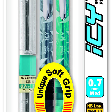 Lápiz automático Pentel Icy con mina, 0,7 mm, barriles surtidos, paquete de 2 (AL27TLBP2)