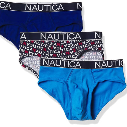 Nautica Men's 3 Pack Cotton Stretch Brief, Windsurf/Aero Logo Print, Small