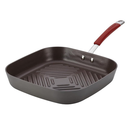 Poêle à griller carrée antiadhésive Rachael Ray Cucina anodisée dure de 28 cm, grise avec manche rouge canneberge