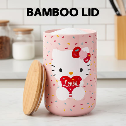 Silver Buffalo Sanrio Hello Kitty Holding Love Heart Ceramic Cookie Snack Candy Jar with Airtight Bamboo Lid (Small)
