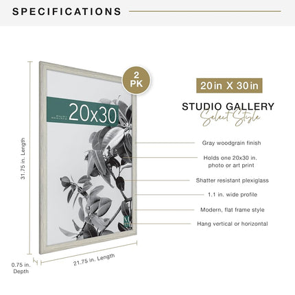 MCS Industries 63814 20x30 Inch 2-Pack, Gray Woodgrain Studio Gallery Frame, 20x30, 2 Count