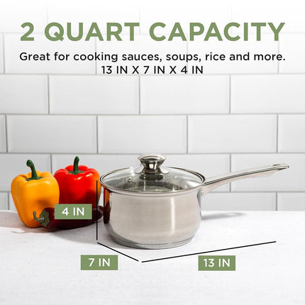 Ecolution Pure Intentions Saucepan – Features Tempered Glass Lid, Stay-Cool Knob and Handle, and Encapsulated Bottom – Oven Safe – Curbside Recyclable Stainless Steel – 2 Quarts