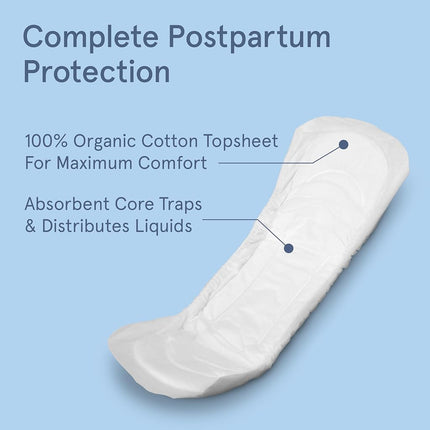 LOLA Organic Cotton Postpartum Pads - Max Absorbency Pads for Postpartum Bleeding - Extra-Long Overnight Liners for Women - Hospital Bag Essentials - 32 Count, Unscented