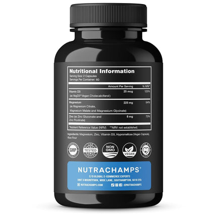 Suplemento de magnesio, zinc y vitamina D3 de NutraChamps - Formas más biodisponibles; glicinato, malato, citrato de magnesio - Salud ósea, muscular y cardíaca, apoyo inmunitario - 120 cápsulas veganas