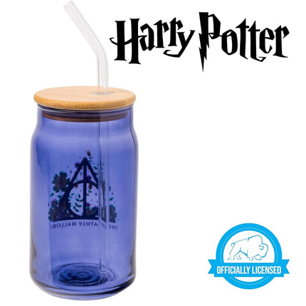Silver Buffalo Harry Potter The Deathly Hallows Glass Tumbler with Bamboo Lid and Glass Straw, 16 Ounces