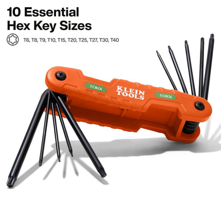 KLEIN TOOLS 70550T Pro Folding Hex Key Set, 10-Key Torx Sizes T6 to T40, Heat-Treated Alloy Steel, High-Leverage Blades