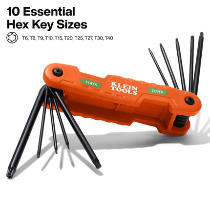 KLEIN TOOLS 70550T Pro Folding Hex Key Set, 10-Key Torx Sizes T6 to T40, Heat-Treated Alloy Steel, High-Leverage Blades