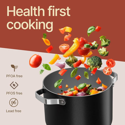 Black 5 Quart Aluminum Stock Pot with Lid, Nonstick Ceramic Coated Boiling Pot, PTFE & PFAS Free, Oven Safe to 500°F, Riveted Stainless Steel Handles, Tempered Glass Lid, All Stove Compatible