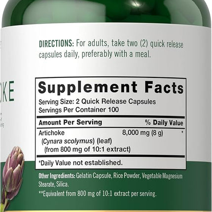Artichoke Extract Capsules 8000mg | 200 Count | Non-GMO, Gluten Free Supplement | by Carlyle