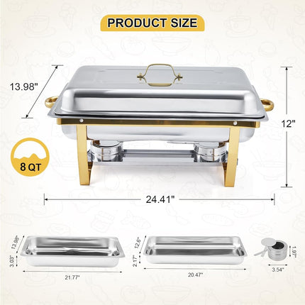 Takywep Chafing Dish Buffet Set 2 Pack, 8 Qt Stainless Steel Chafer Buffet Servers and Warmers Sets with Lid Folding Frame, Rectangular Chafing Dishes for Parties, Weddings, Catering Events, Gold